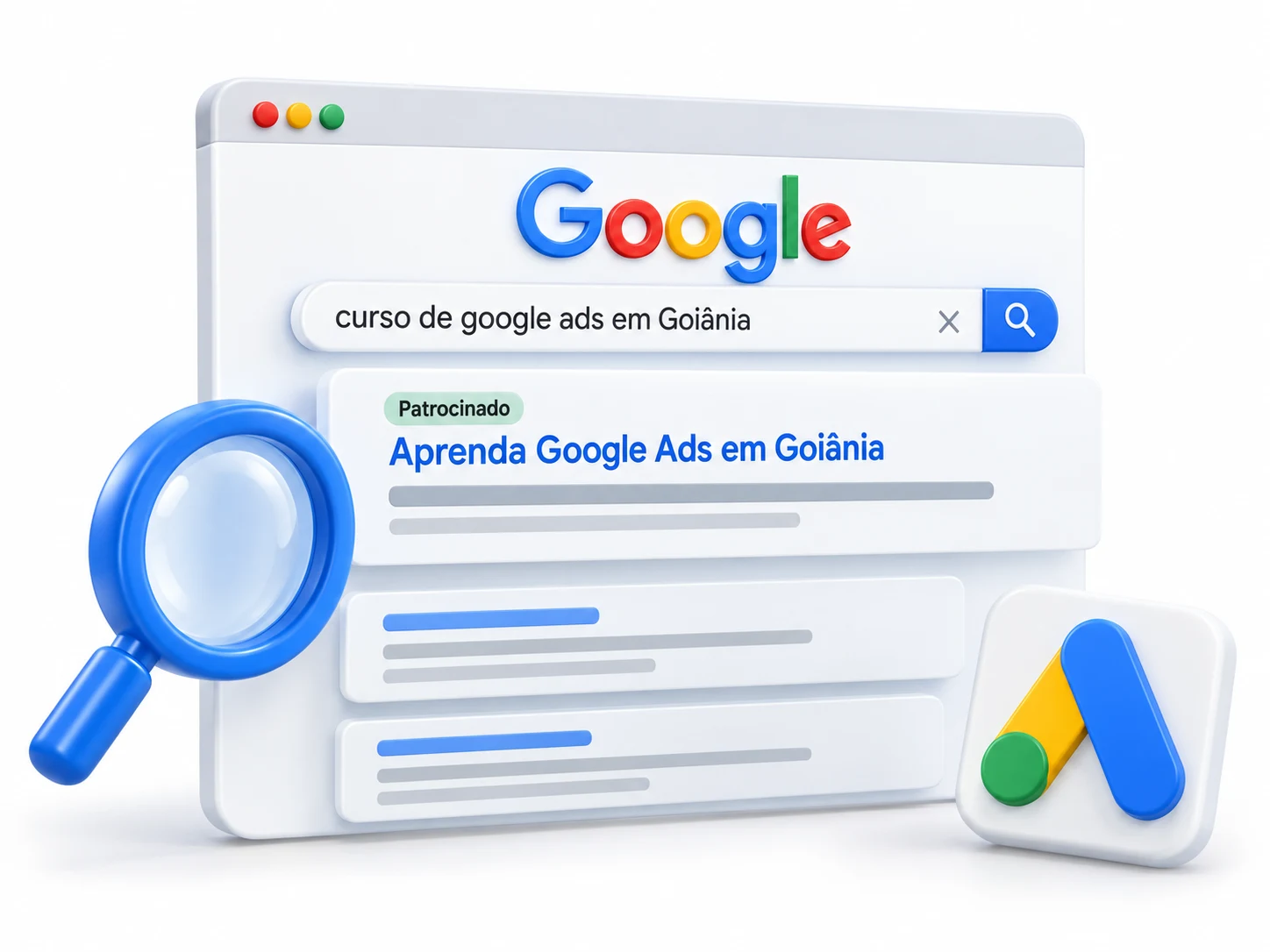 Ilustração 3D de uma pesquisa no Google por curso de Google Ads em Goiânia, com um resultado patrocinado em destaque.